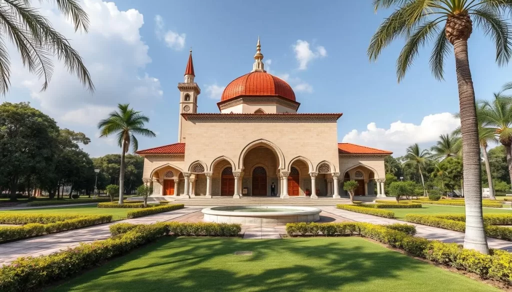 Generate an image of the Moroccan Pavilion in Putrajaya, showcasing its unique architecture.