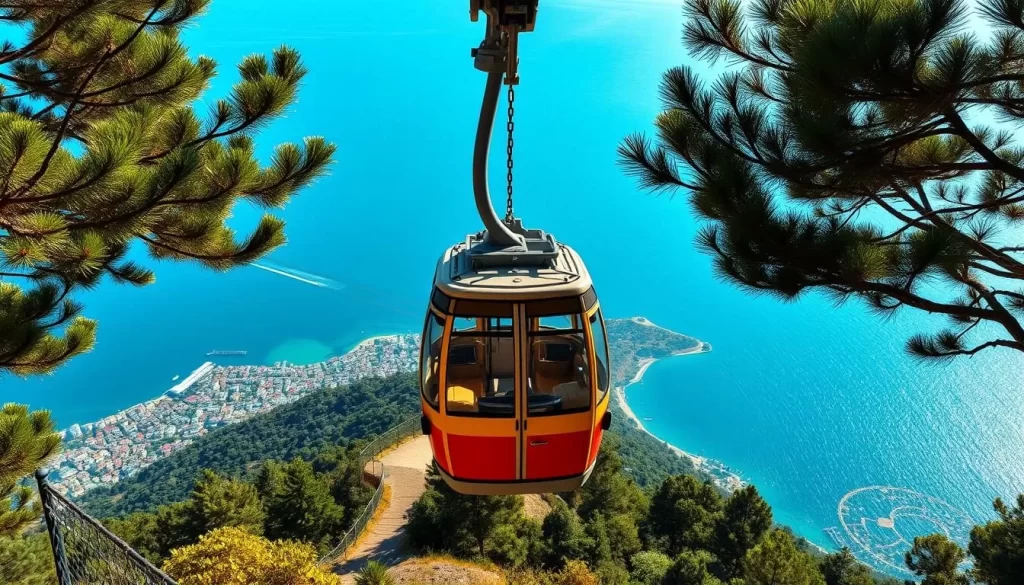 Generate an image of the Mount Tahtalı cable car ascending to the summit with a panoramic view of the Mediterranean coastline.