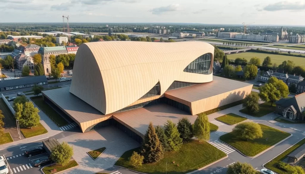 Generate an image of the Mu.ZEE museum in Ostend, highlighting its distinctive architectural style and surroundings.