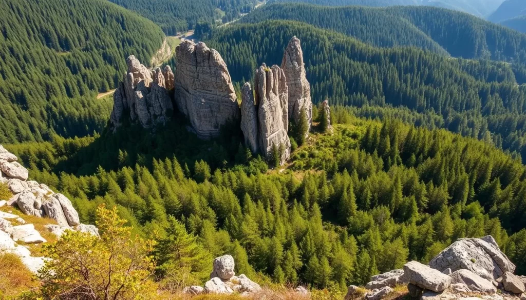 Generate an image of the Mullerthal region's scenic landscape with rocky outcrops and dense forests.