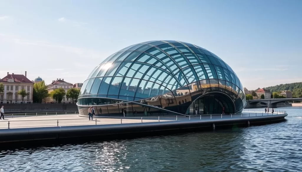 Generate an image of the Murinsel, a futuristic, shell-shaped floating island on the Mur River in Graz, Austria, with a glass and steel structure reflecting sunlight during the day.