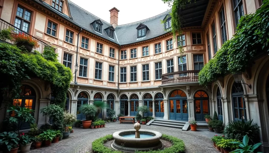 Generate an image of the Museum Plantin-Moretus's courtyard