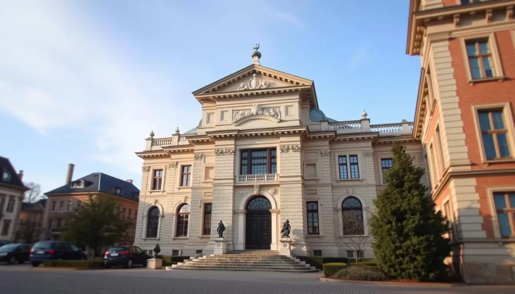 Generate an image of the Museum of Fine Arts in Tournai, showcasing its New Greek architectural style designed by Victor Horta.