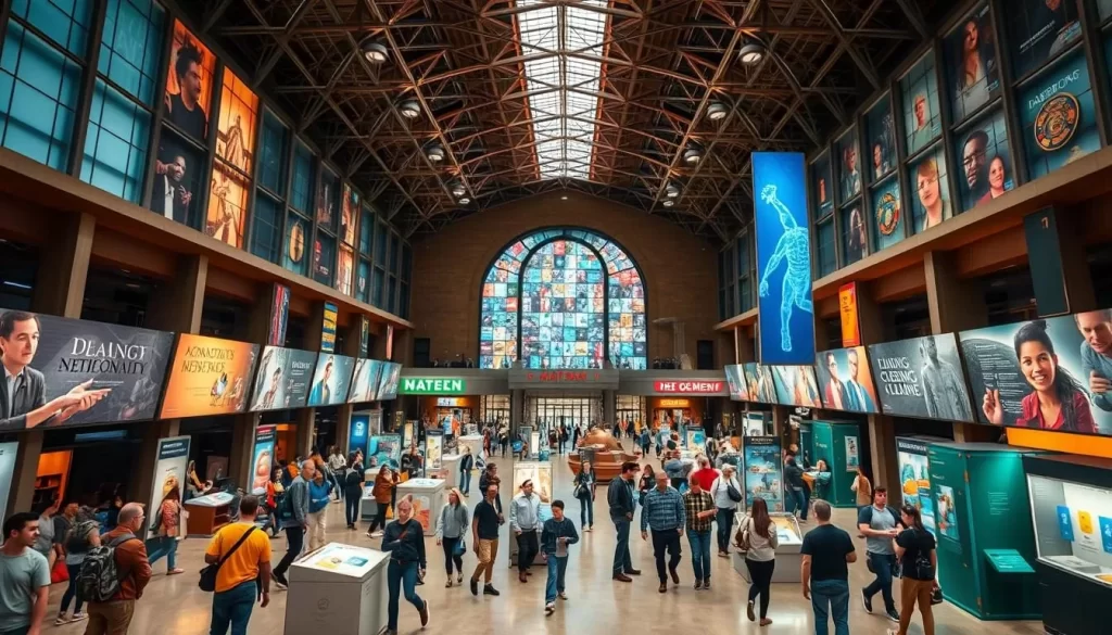 Generate an image of the Museum of Science and Industry's main hall with visitors exploring the various exhibits.