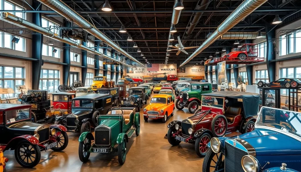 Generate an image of the Museum of Technology and Transport, highlighting its vast collection of vintage vehicles and technological exhibits.