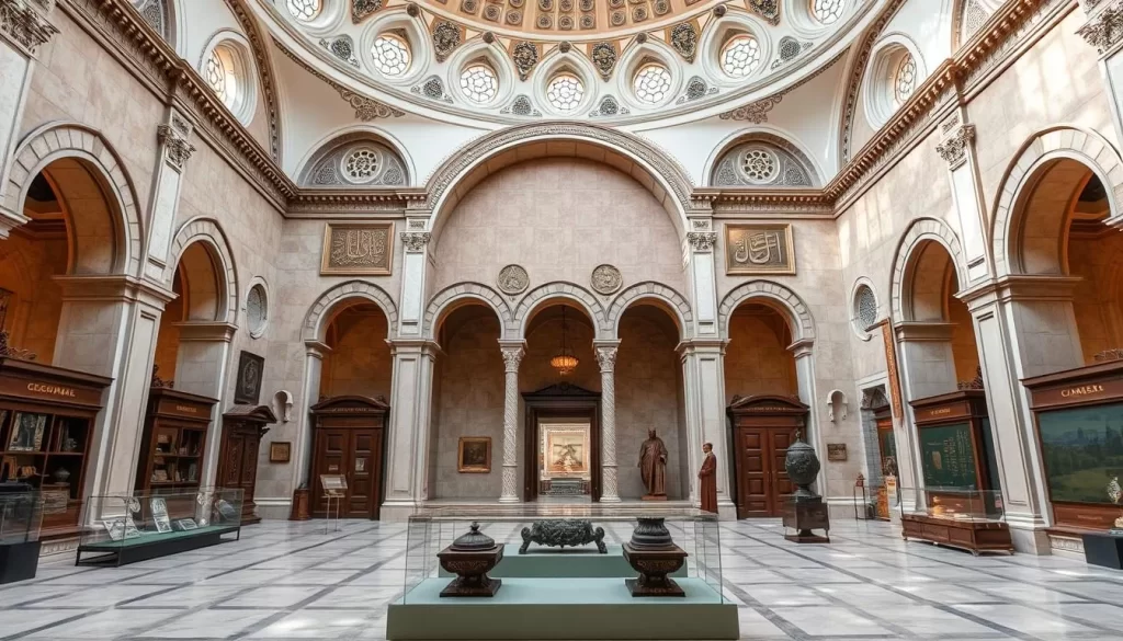 Generate an image of the Museum of Turkish and Islamic Arts, highlighting its beautiful architecture and some of the artifacts on display.