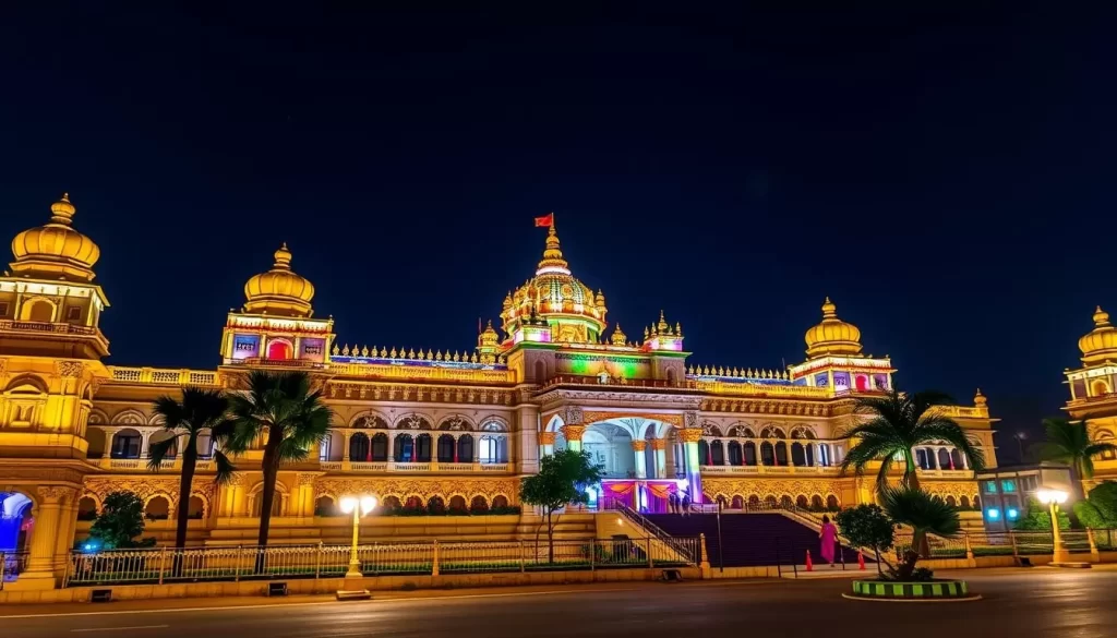 Generate an image of the Mysore Palace illuminated during the Mysore Dasara festival.