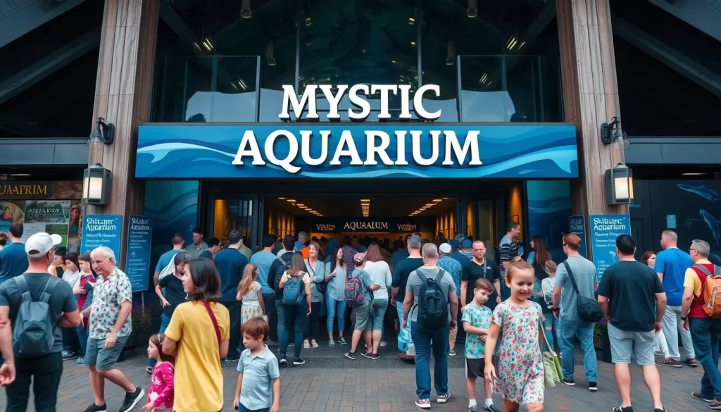 Generate an image of the Mystic Aquarium's main entrance with a large crowd of visitors