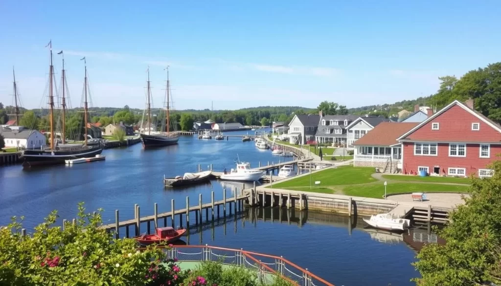 Generate an image of the Mystic Seaport Museum's campus along the Mystic River, highlighting its historic ships and buildings.