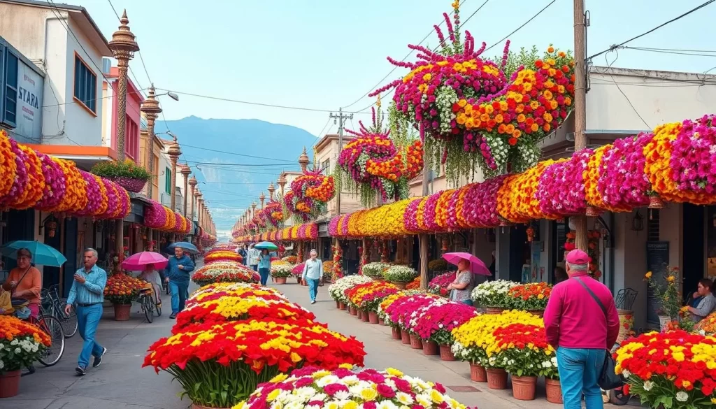 Generate an image of the Namangan city streets decorated with millions of flowers during the festival.