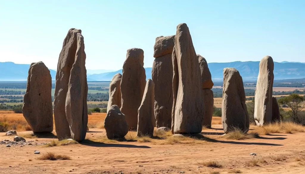 Generate an image of the Namoratunga Standing Stones, a cluster of cylindrical stones positioned vertically in the landscape.