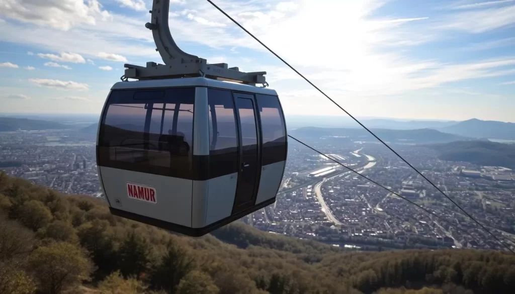 Generate an image of the Namur cable car soaring above the city, offering panoramic views of Namur and its surroundings.