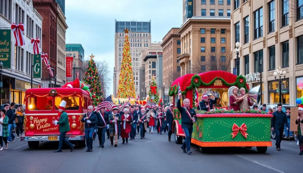 Generate an image of the Nashville Christmas Parade with floats, marching bands, and festive performances along Broadway.