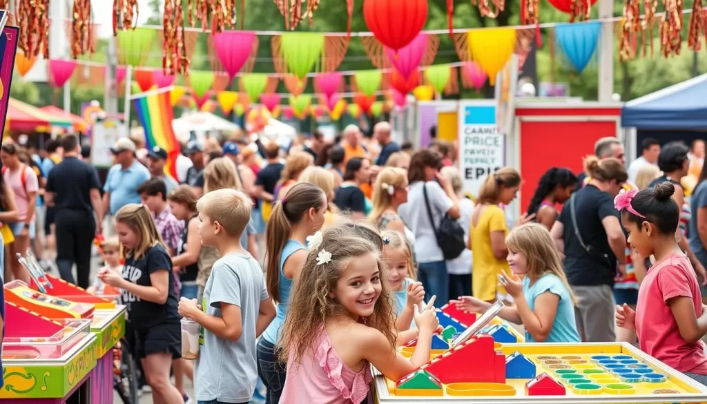 Generate an image of the Nashville Pride Festival, with a kid-friendly zone featuring face painting and carnival games.