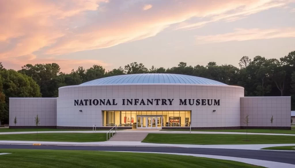 Generate an image of the National Infantry Museum's exterior, showcasing its modern architecture amidst a serene environment.