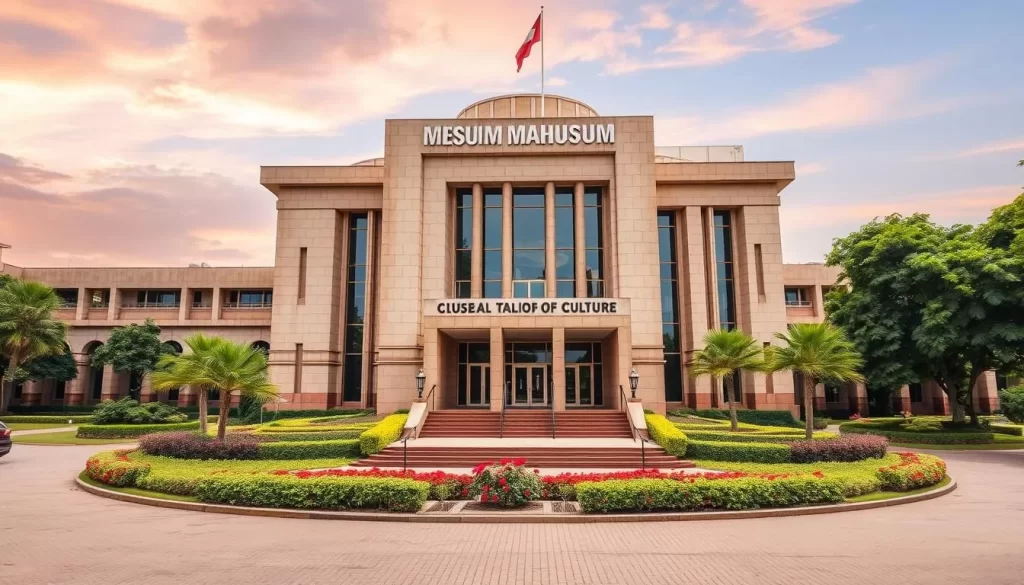 Generate an image of the National Museum and House of Culture in Dar es Salaam, showcasing its exterior architecture and surrounding gardens.