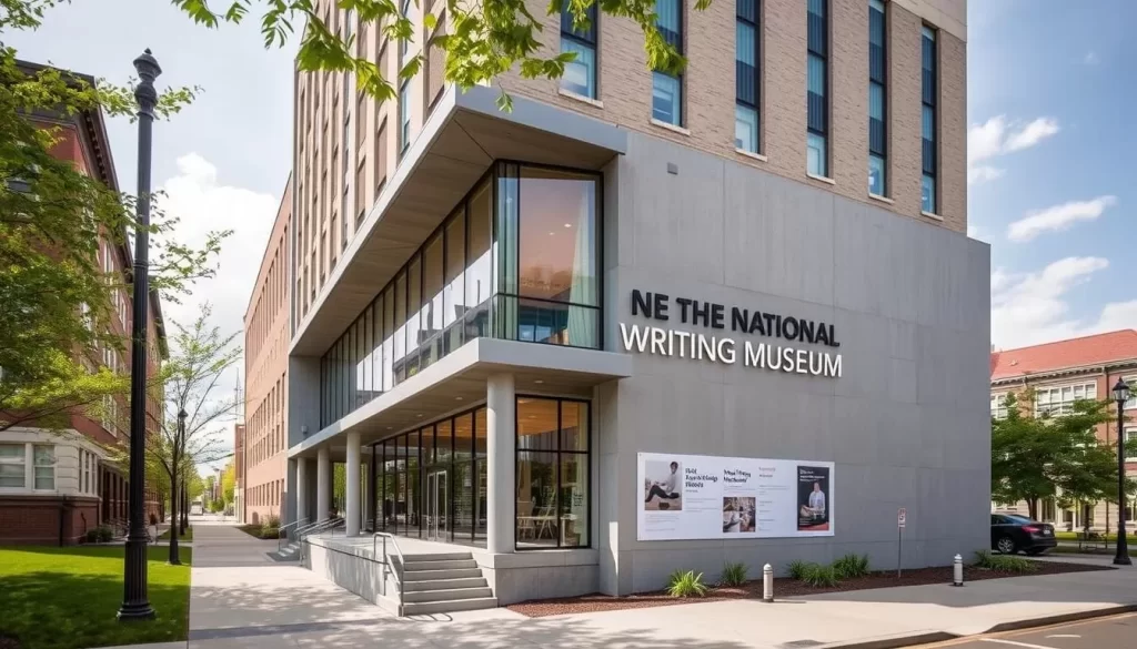 Generate an image of the National Writing Museum's exterior, showcasing its modern architecture amidst Iowa City's historic landscape.