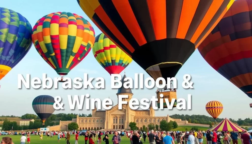 Generate an image of the Nebraska Balloon & Wine Festival at Mount Michael Benedictine Abbey.