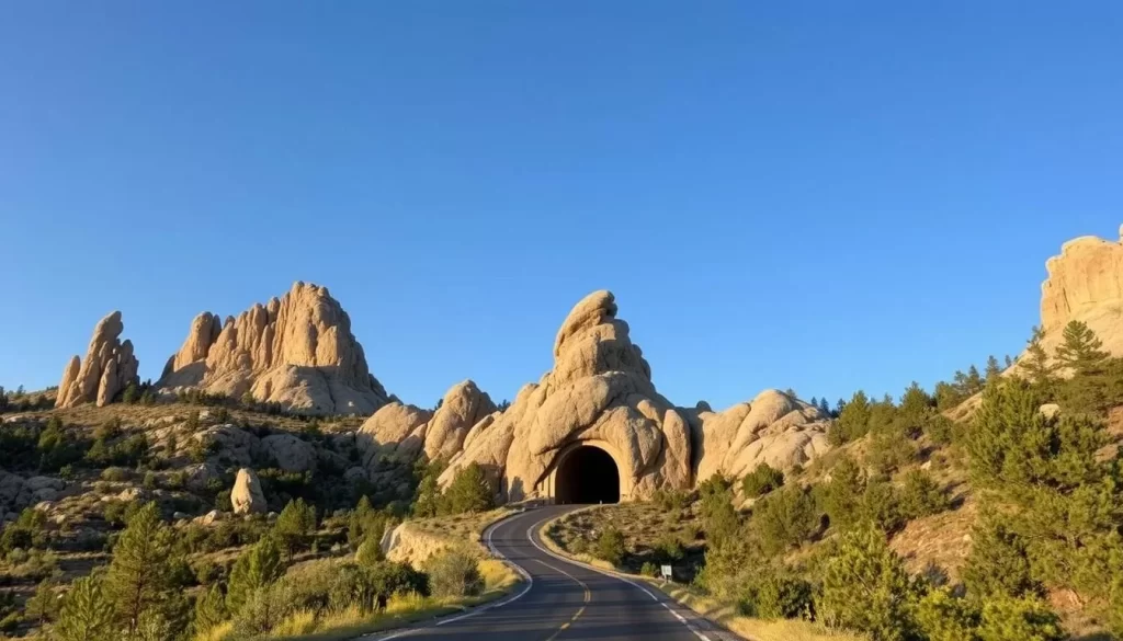 Generate an image of the Needles Highway with the Needles Eye Tunnel in Custer State Park