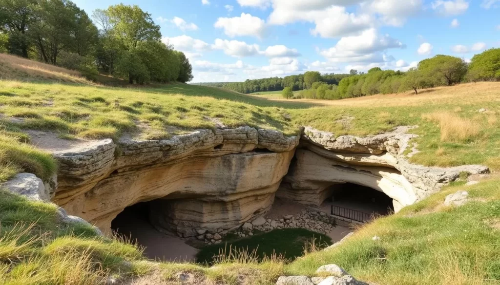 Generate an image of the Neolithic Flint Mines of Spiennes, showcasing the entrance to the underground mines and the surrounding landscape.