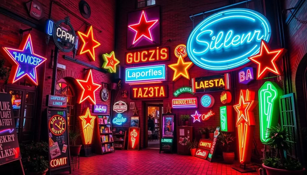 Generate an image of the Neon Side Gallery in Wrocław, showcasing vibrant Soviet-era neon signs in a courtyard setting.