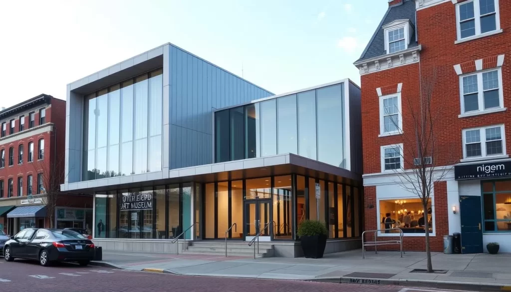 Generate an image of the New Bedford Art Museum's exterior, showcasing its contemporary architecture amidst the historic surroundings of New Bedford.