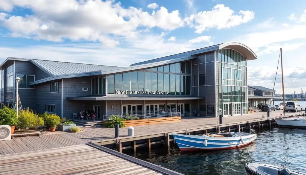 Generate an image of the New Bedford Fishing Heritage Center's exterior, showcasing its waterfront location and modern architecture.