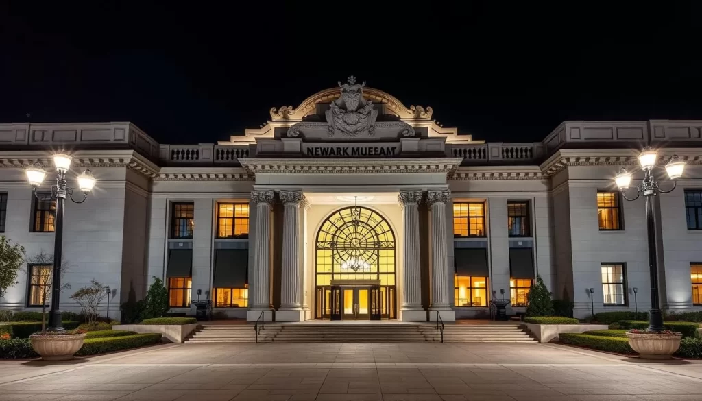 Generate an image of the Newark Museum of Art's grand entrance, showcasing its impressive architecture.