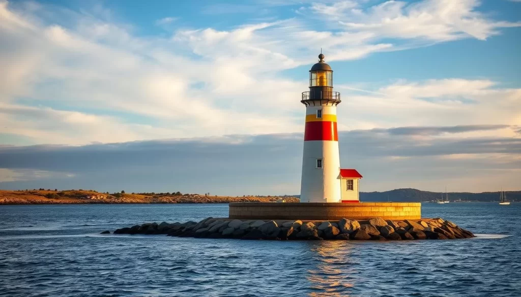 Generate an image of the Newport Harbor Light on Goat Island, showcasing its historic significance and picturesque surroundings.
