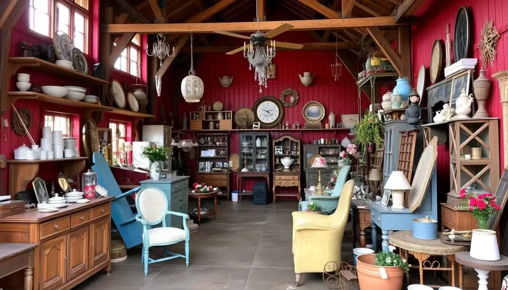 Generate an image of the Not2 Shabby Red Barn, showcasing a variety of antiques and vintage items.