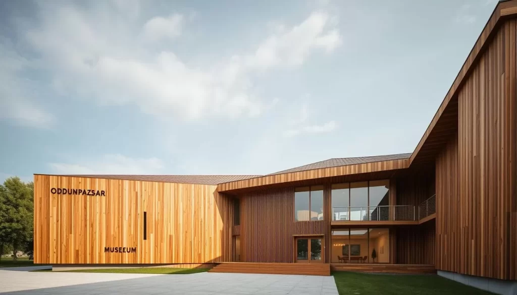 Generate an image of the Odunpazarı Modern Museum's exterior, showcasing its unique wooden structure.