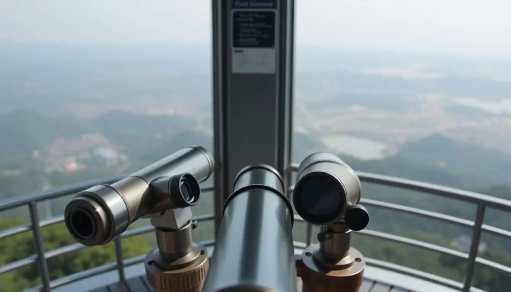 Generate an image of the Odusan Unification Observatory's viewing deck with binoculars and a clear view into North Korea.