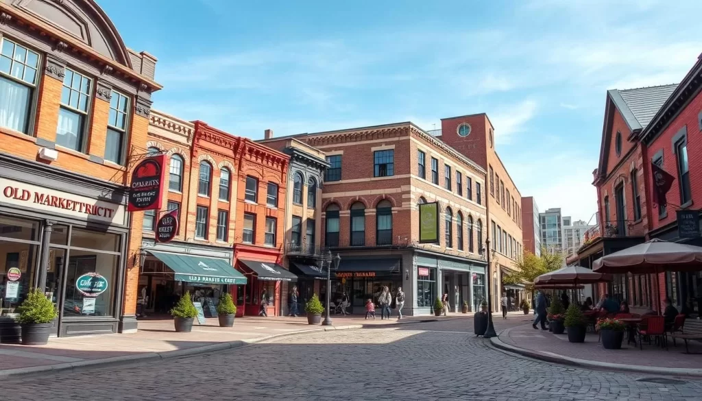 Generate an image of the Old Market District in Omaha, Nebraska, showcasing its cobblestone streets and historic buildings turned into shops and restaurants.