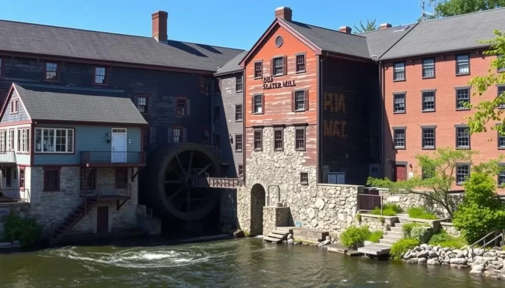 Generate an image of the Old Slater Mill complex in Pawtucket, Rhode Island, showcasing its historic buildings and water wheel.