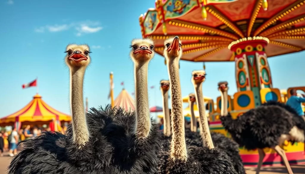 Generate an image of the Ostrich Festival with ostriches and midway rides.
