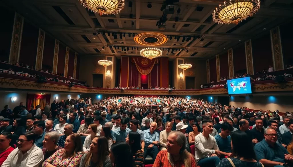 Generate an image of the Oświęcim Cultural Center's main auditorium hosting a cultural event.
