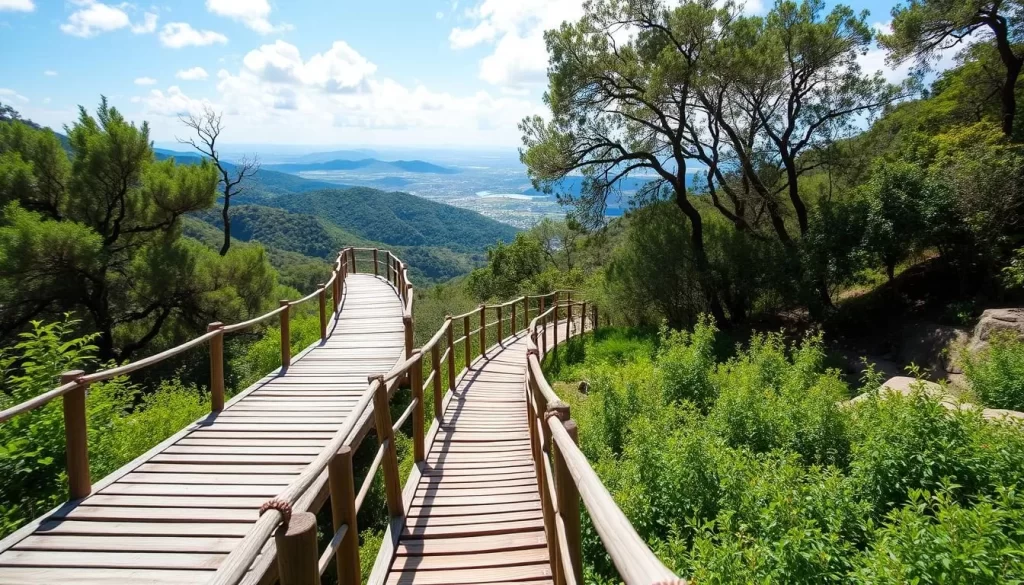 Generate an image of the Ourdall Promenade hiking trail with wooden footbridges and scenic views of the Our Valley.