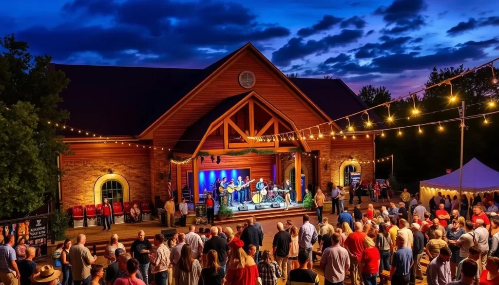 Generate an image of the Ozark Folk Center Auditorium and Grounds during the Mountain View Bluegrass Festival