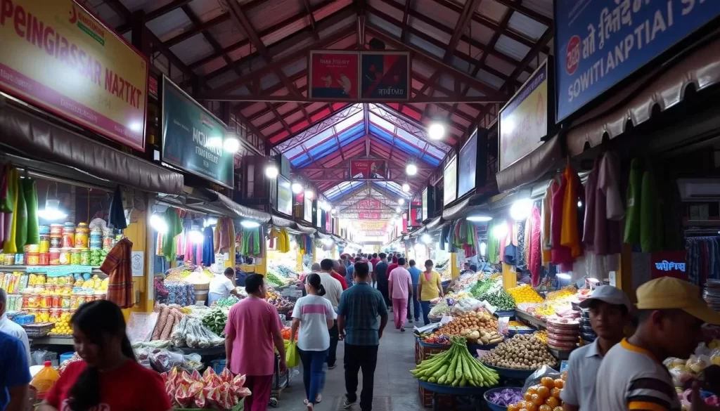 Generate an image of the Padang Besar Market with vibrant colors and bustling activity.
