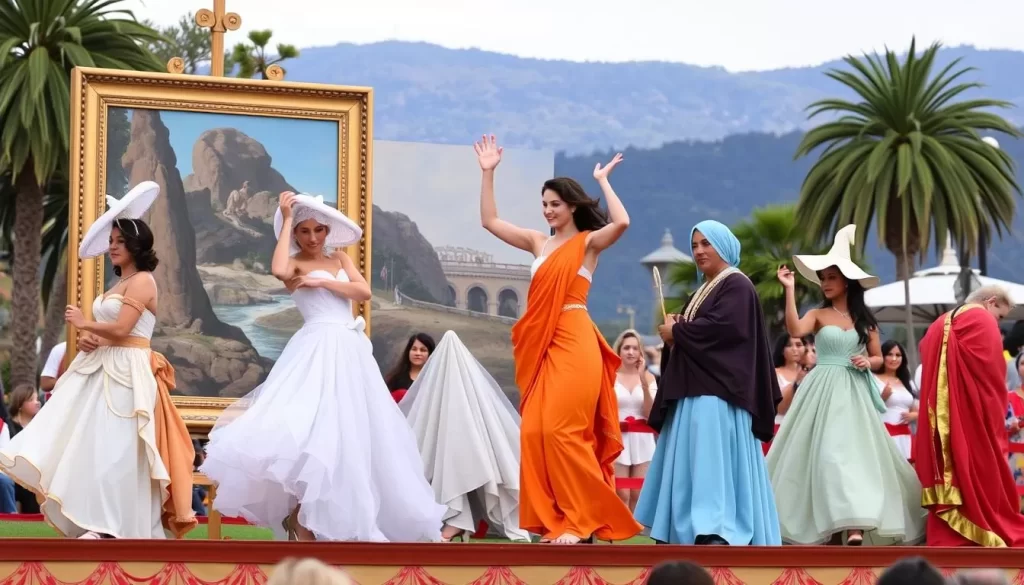 Generate an image of the Pageant of the Masters in Laguna Beach, with people dressed as figures in classical paintings.