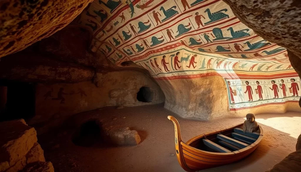 Generate an image of the Painted Cave with its ancient wall paintings and boat-shaped coffins.