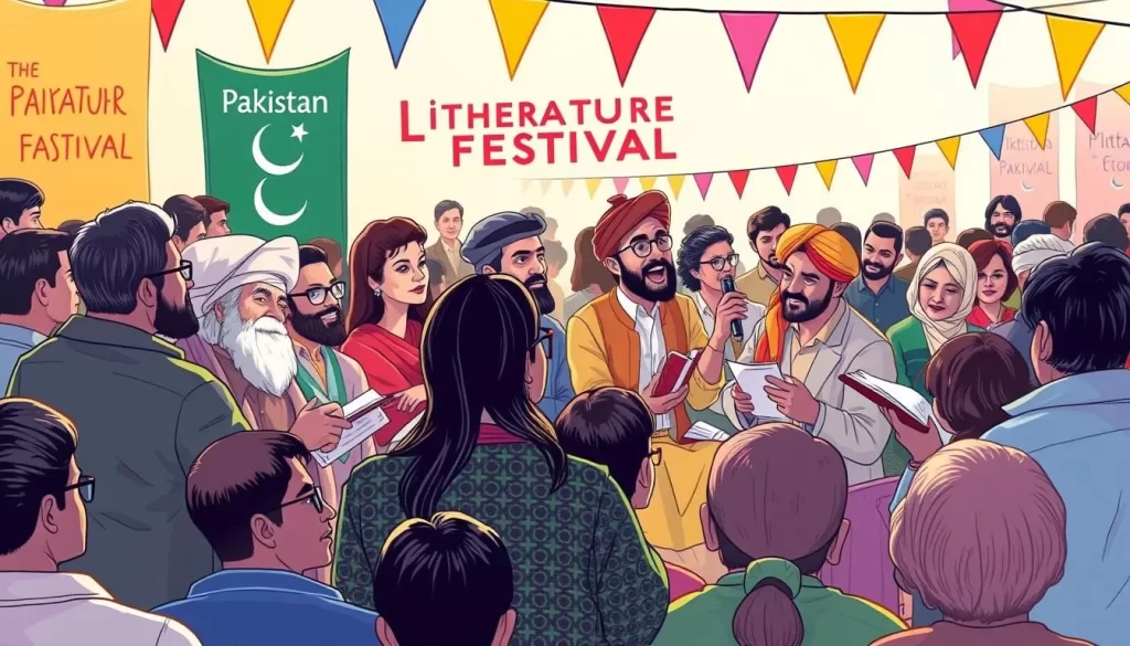 Generate an image of the Pakistan Literature Festival with authors and poets engaging in discussions.