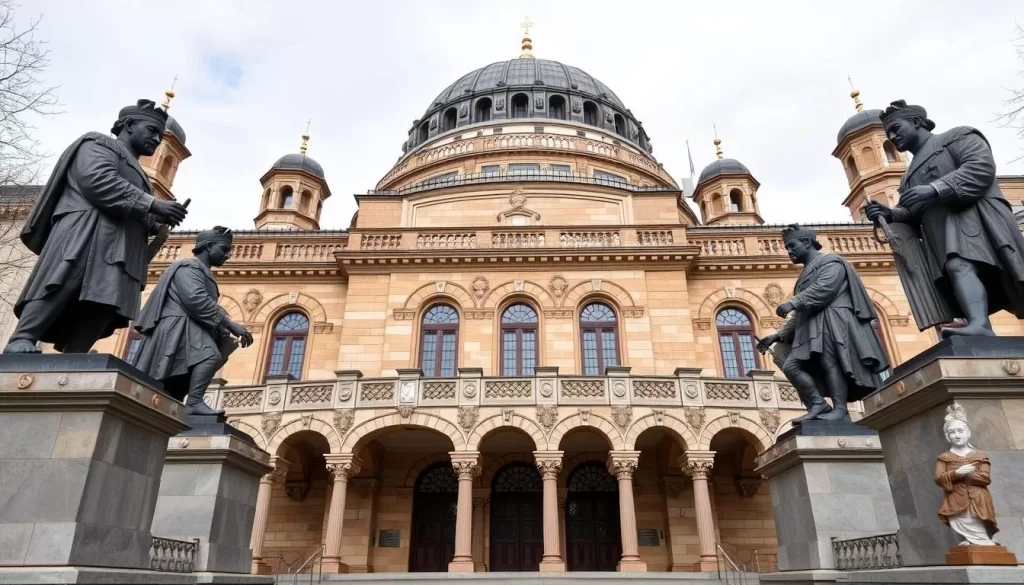 Generate an image of the Panorama1326 Bursa Conquest Museum's exterior, showcasing its large dome and surrounding statues of Ottoman sultans.