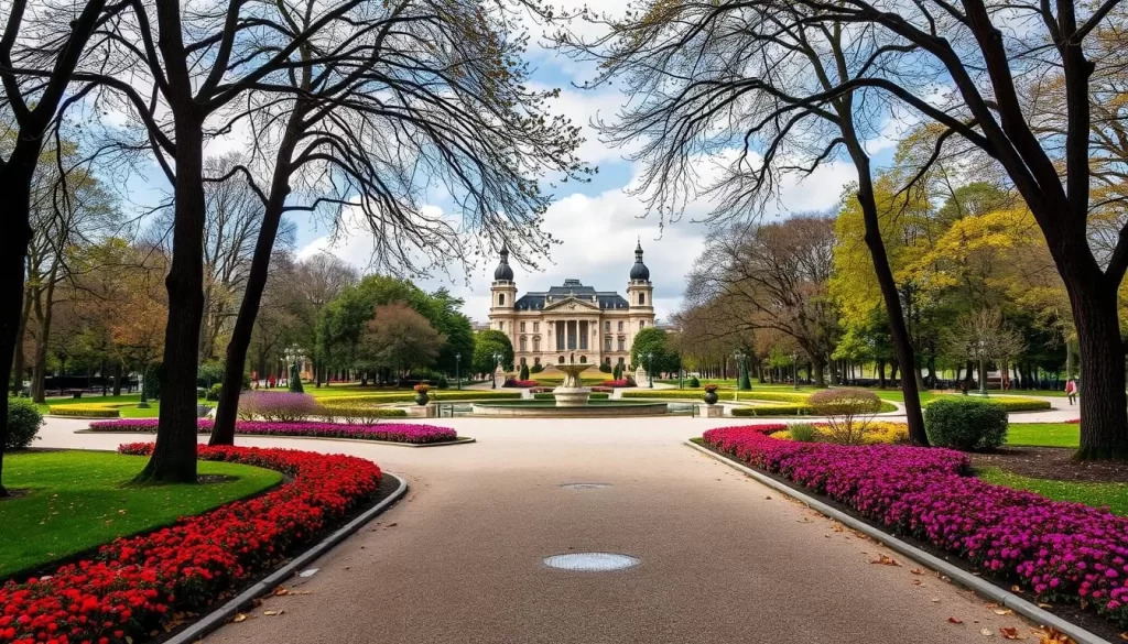 Generate an image of the Parc de Sept Heures, showcasing its elegant alleys and historic monuments.