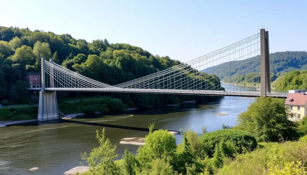 Generate an image of the Passerelle de l'Epine, a 55-meter suspended bridge over the Semois River in Bouillon, Belgium.