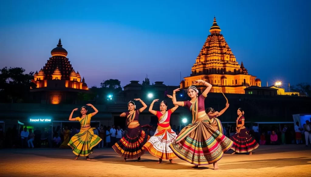 Generate an image of the Pattadakal Dance Festival at dusk, with ancient temples lit up and dancers performing classical Indian dance.
