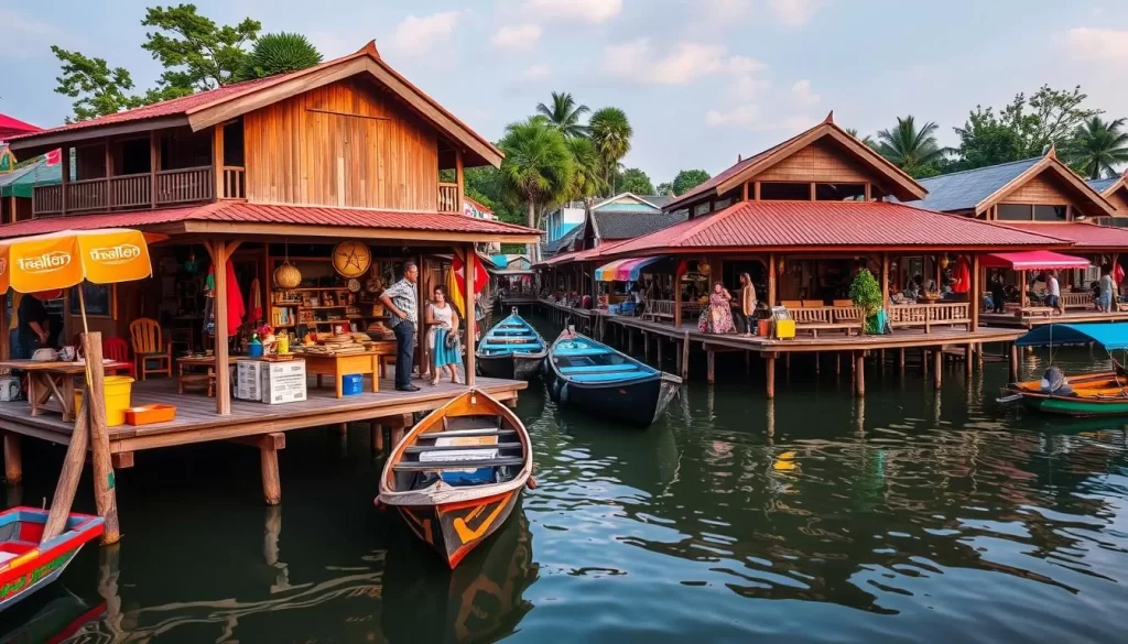 Generate an image of the Pattaya Floating Market, showcasing its unique wooden shops built on stilts over the water.