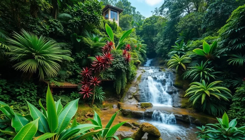 Generate an image of the Penang Botanic Gardens with a waterfall and lush vegetation.