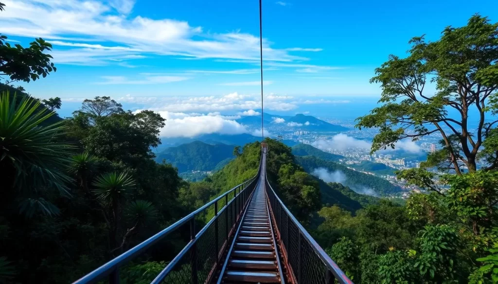 Generate an image of the Penang Hill funicular railway ascending to the top.