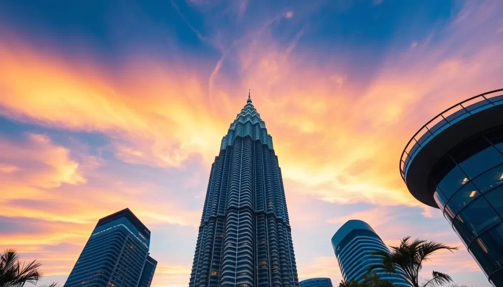 Generate an image of the Petronas Twin Towers at sunset with the skybridge and observation deck highlighted.